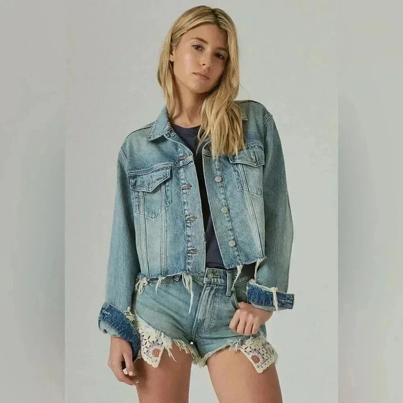 LUCKY BRAND Crochet Capsule Trucker Denim Distressed Jacket, Size Medium - Picture 3 of 16